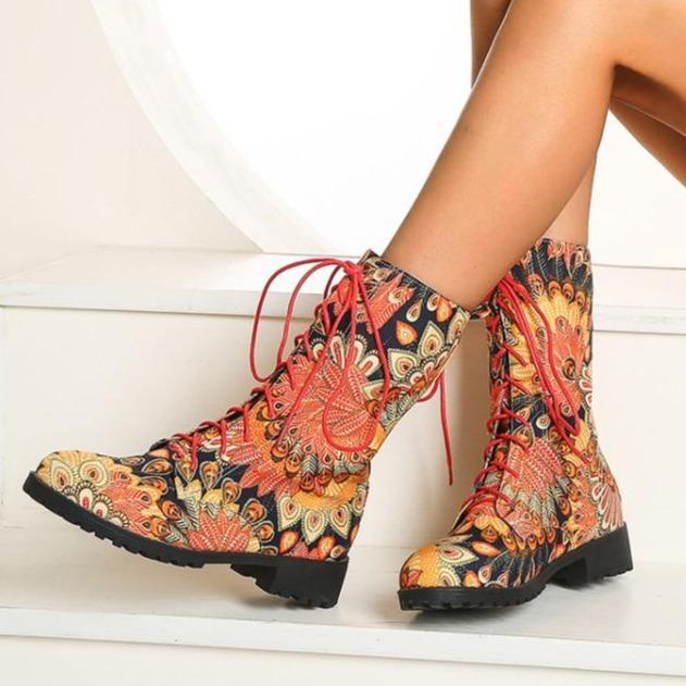 Vintage flower print lace-up mid calf boots fashion round toe martin boots for fall winter
