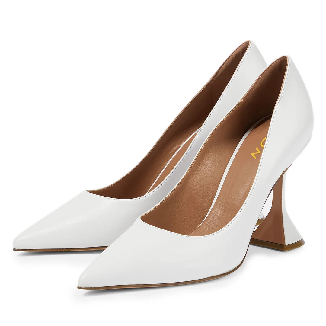 YDN Simple Vegan Leather Pointed Toe Flared Heel White Pumps