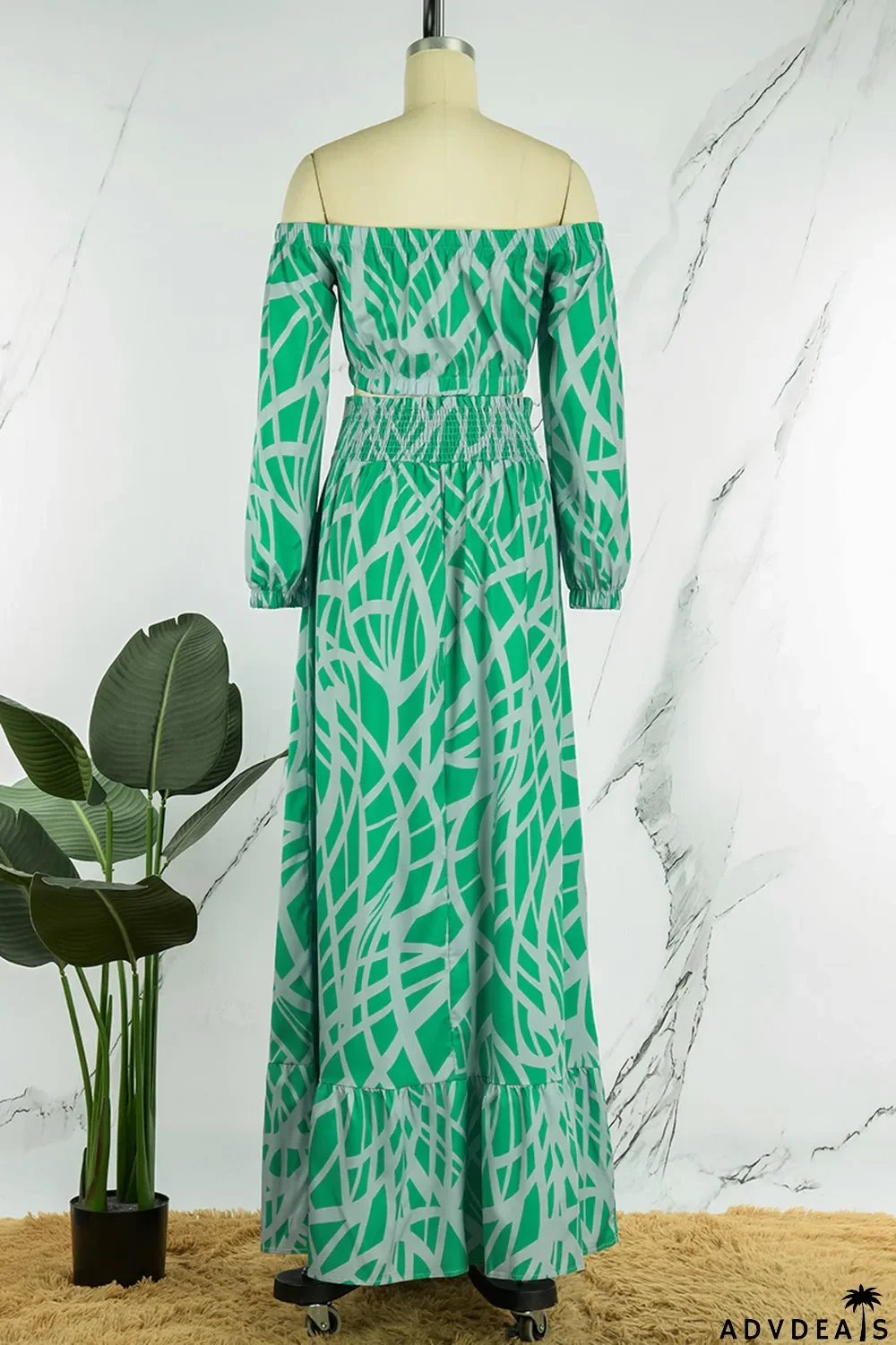 Tangerine Casual Print Patchwork Off the Shoulder Half Sleeve Two Pieces