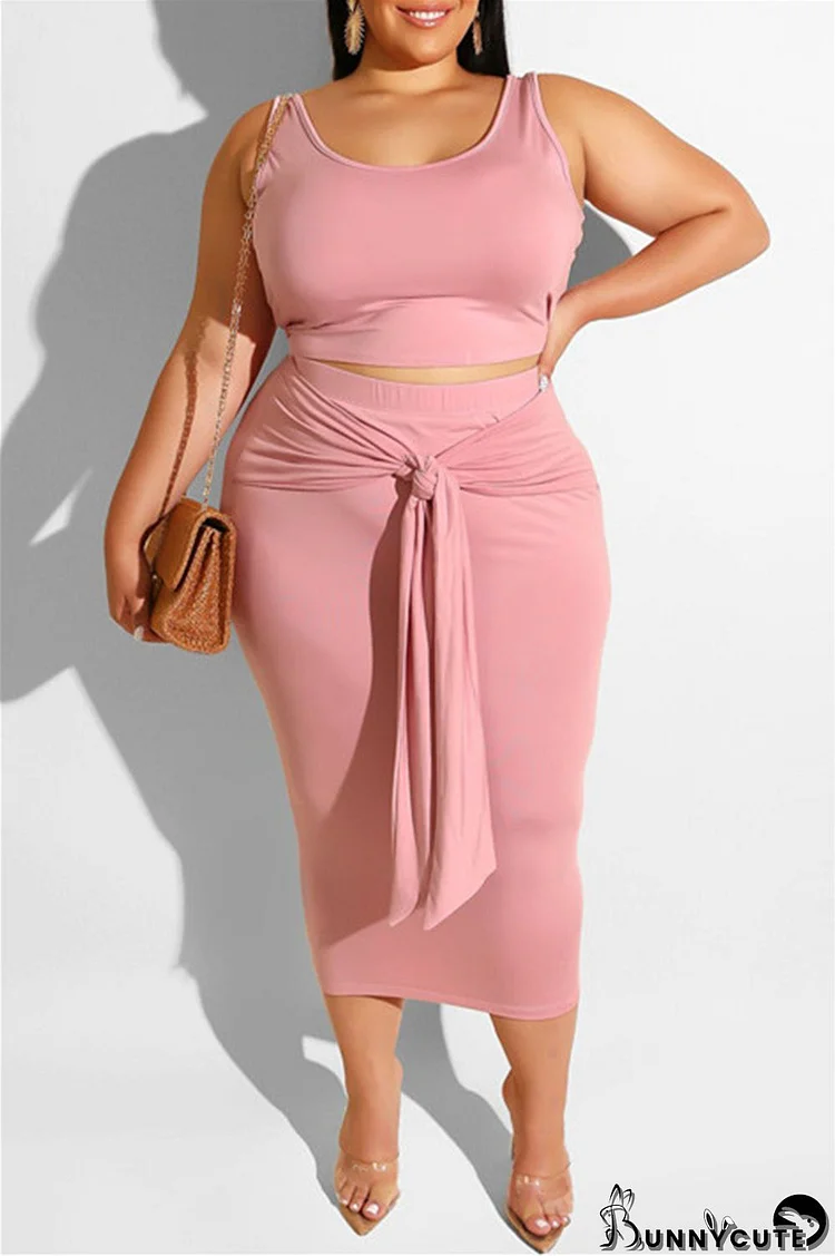 Pink Sexy Casual Solid Bandage O Neck Plus Size Two Pieces