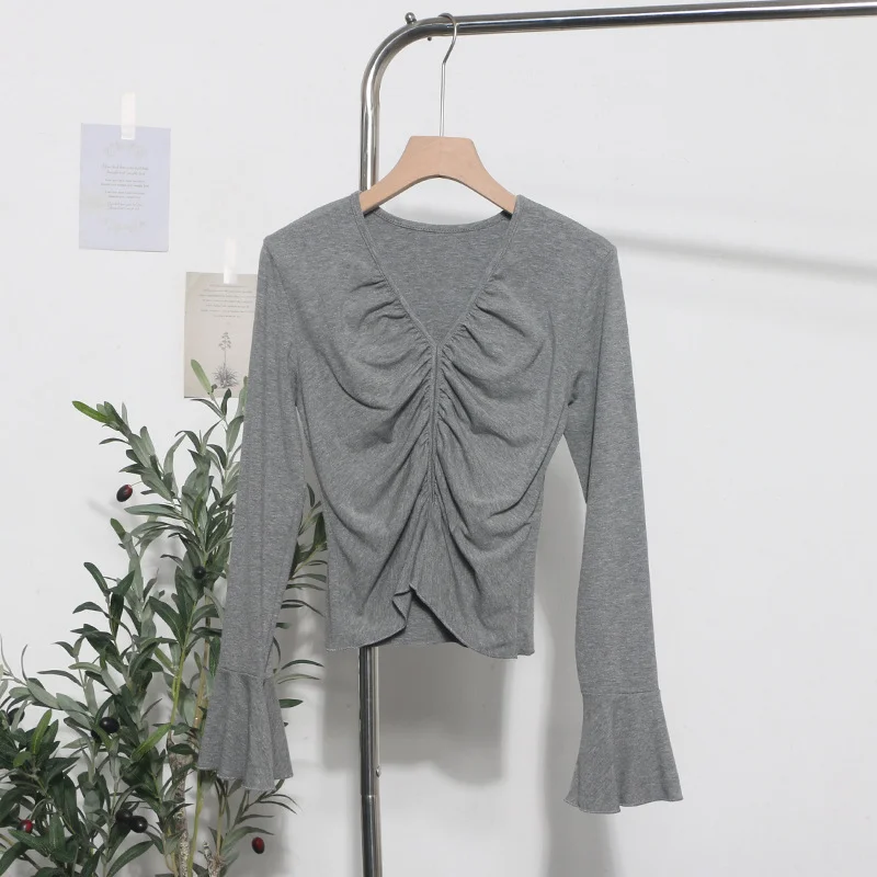 Uveng Real Shooting 2024 Autumn Dress Sexy V-Neck Folded Open Fork Short High-Waisted T-Shirt Horn Long Sleeve Bottom Top 161