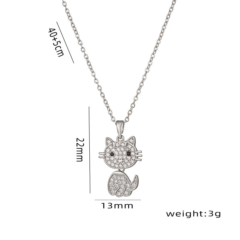 Design Kt Cat Pendant Necklace Micro Inlaid Zircon Copper Plated 18 Gold All-Match Clavicle Chain