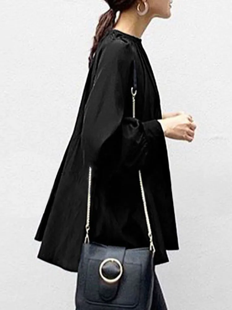 Solid Color Puff Sleeve Stand Collar Blouse