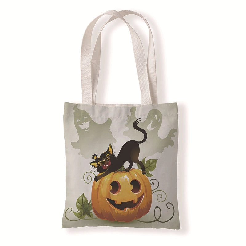 Halloween Women’s Medium Canvas Pumpkin Cat Streetwear Square Open Canvas Bag