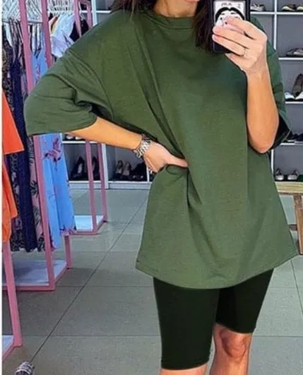 Casual solid new women's two piece suit including belt solid color home loose sports fashion leisure suit summer couples wear