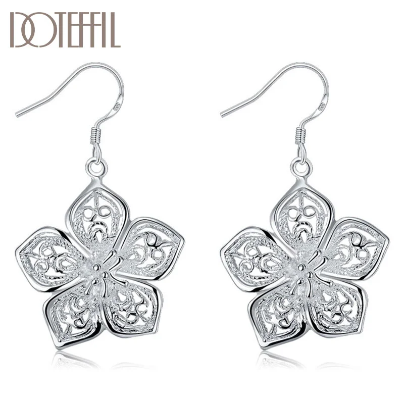 DOTEFFIL 925 Sterling Silver Hollow Flowers Earrings Charm For Women Jewelry 