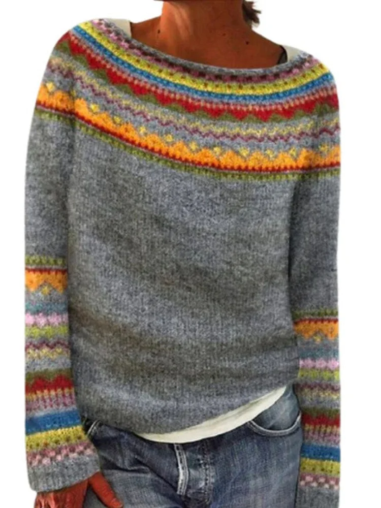Retro Art Print Casual Pullover Sweater