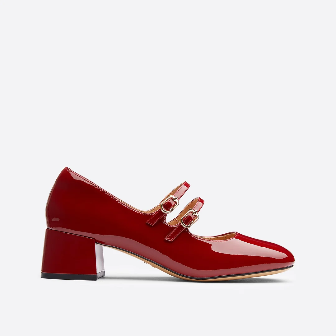 Leather Double Buckle Heeled Mary Janes