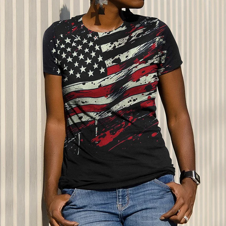 Independence Day Flag Printed Women'S Short Sleeve T-Shirt