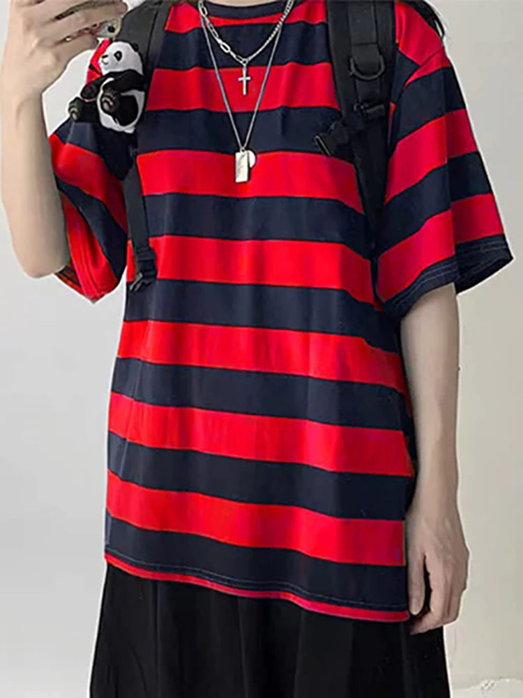OLCooL Summer Striped T Shirt Women Men Preppy Style Loose Casual Couple Tops Short Sleeve O-Neck Oversized Shirt Harajuku Streetwear olcool