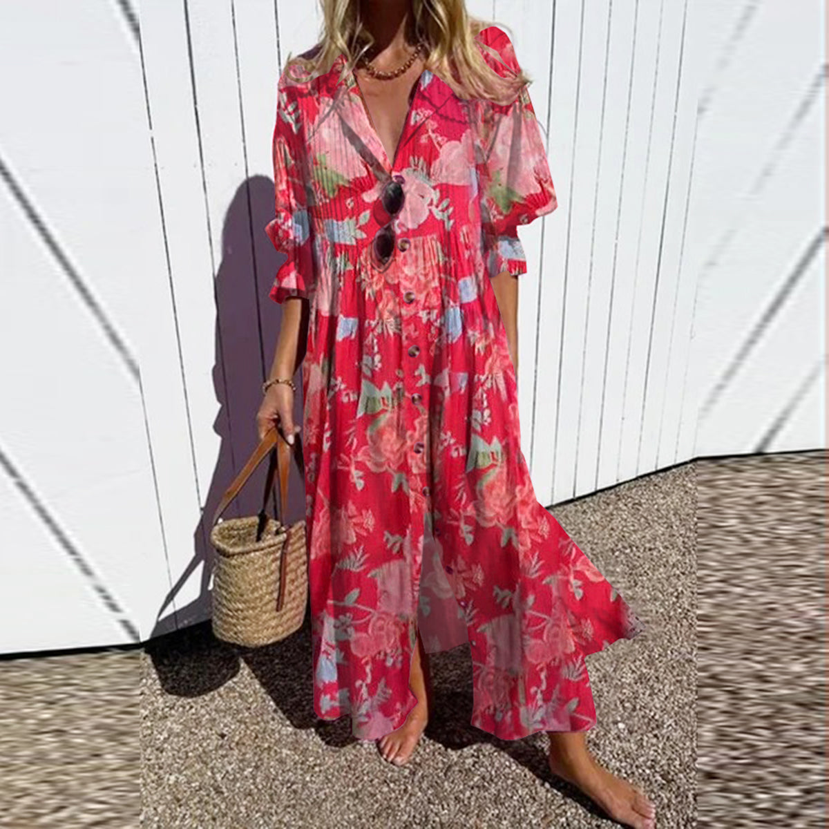 Showy Red Half Sleeve Maxi Dress