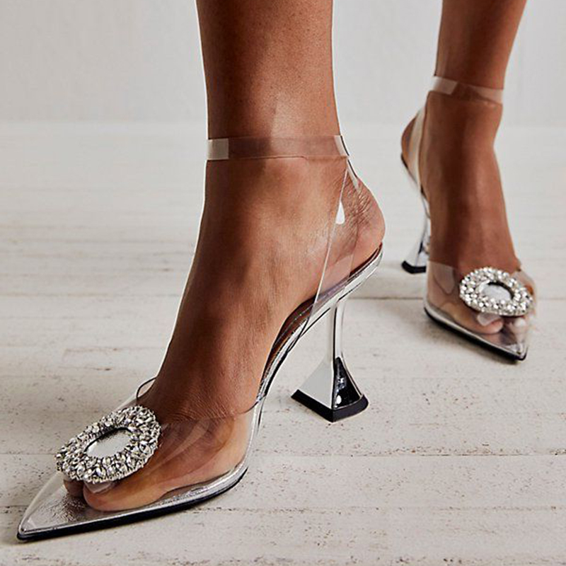 GOOSHOE Silver Rhinestone Buckle Ankle Strap Clear Pointed-Toe Pumps