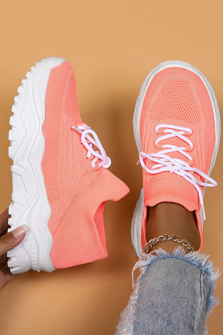 Knitted Textured Plain Round Toe Casual Lace Up Sneakers
