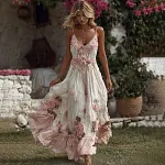 Women's Bohemia Pink Rose Art Suspender Maxi Dress - Image 2