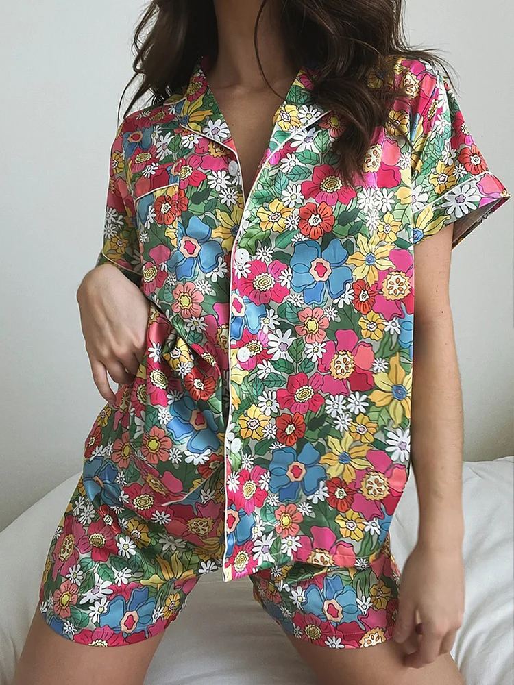 Western Casual Cute Flowers Print Silk Short Sleeves Pajama Set