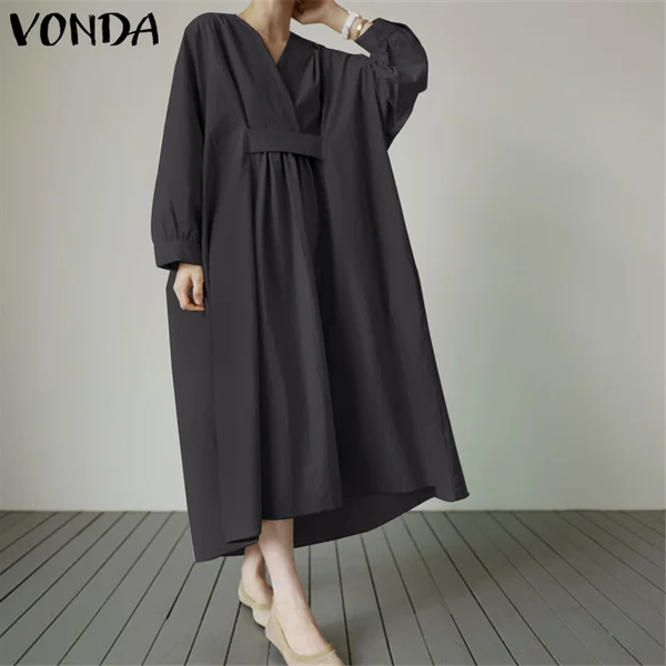 VONDA Casual Black Oversized Maxi Dress Loose Solid Color Autumn Fashion Women's Kaftan Dress