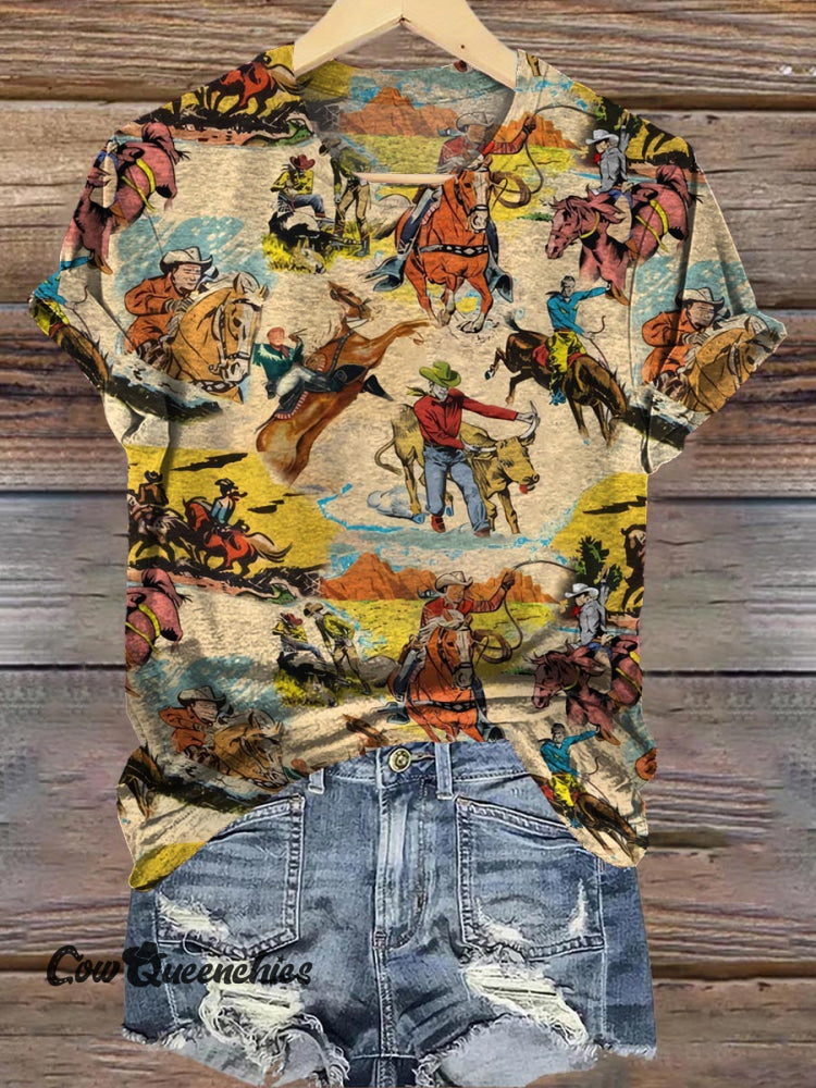 Vintage Denim Pictorial Print Casual T-shirt Beige / S