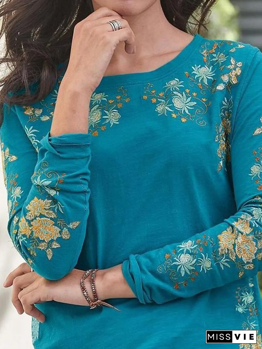 Vintage Floral Crew Neck Long Sleeves Plus Size Casual Tops