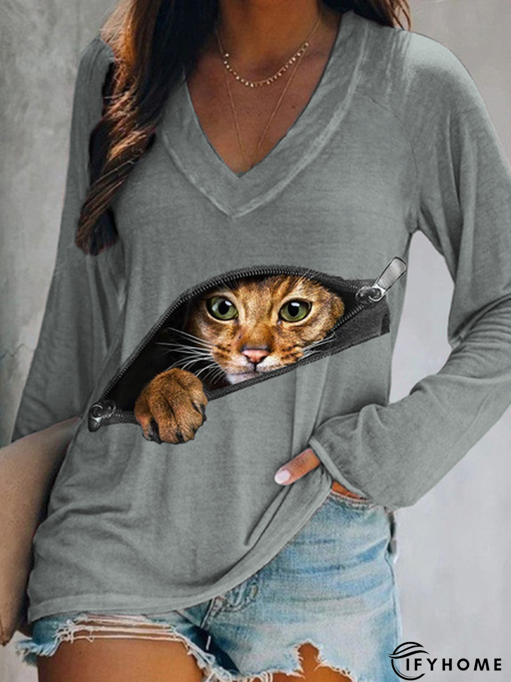 Casual Long sleeve V neck Cat T-Shirt TUNIC | IFYHOME