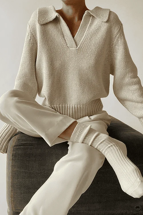 V Turndown Collar Sweater