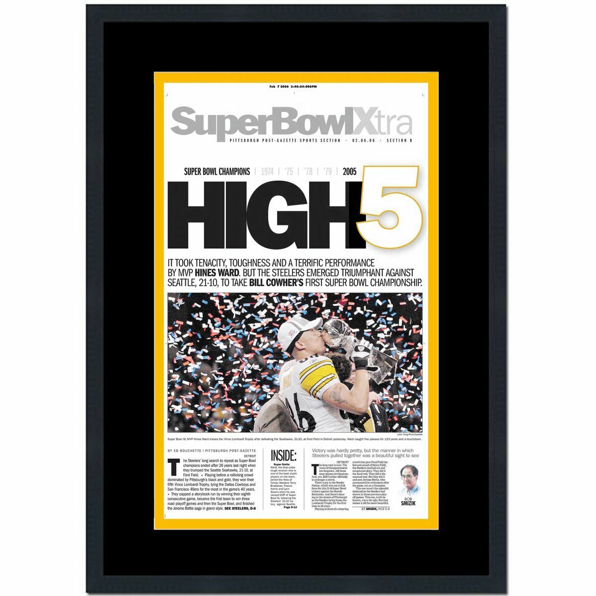 Framed Pittsburgh Post-Gazette Steelers Super Bowl XL Newspaper 17x27 Photo Poster painting V2