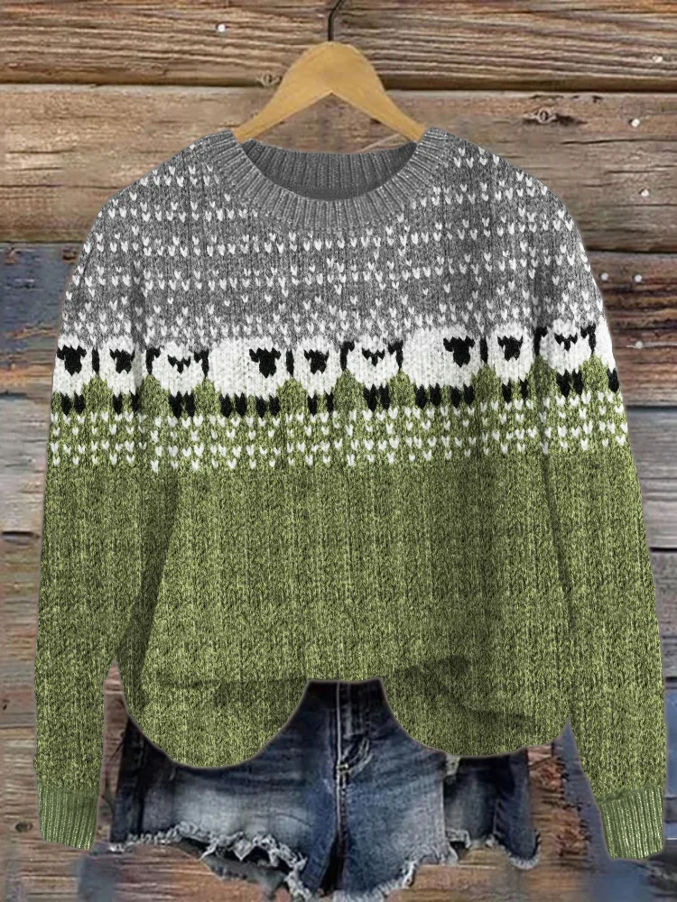 Utbros Grassland Sheep Contrast Color Cozy Knit Sweater