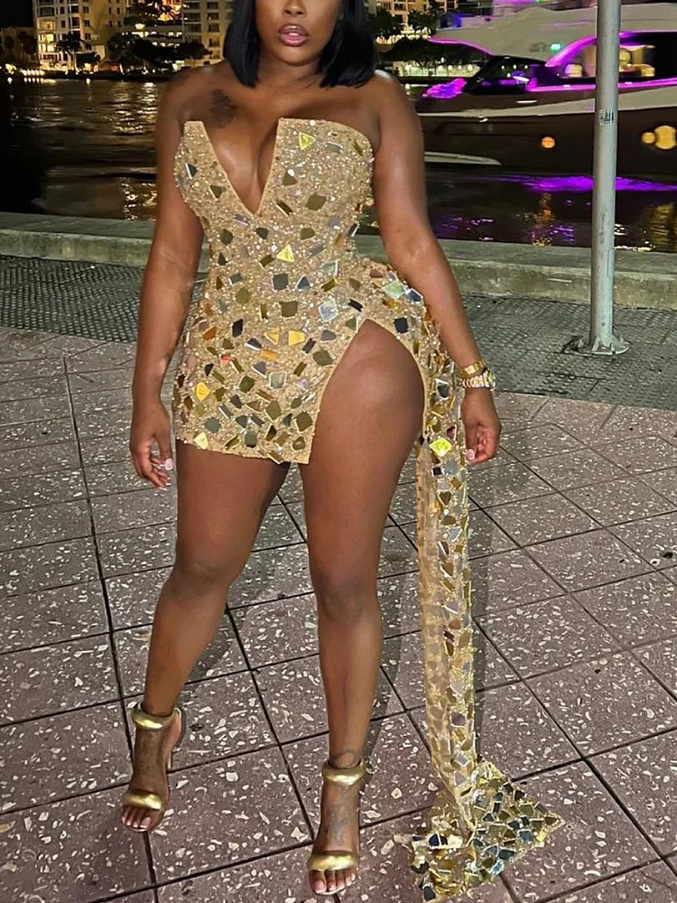 Sexy Deep V Neck Tube Top Sleeveless Sequins Design Split Dress