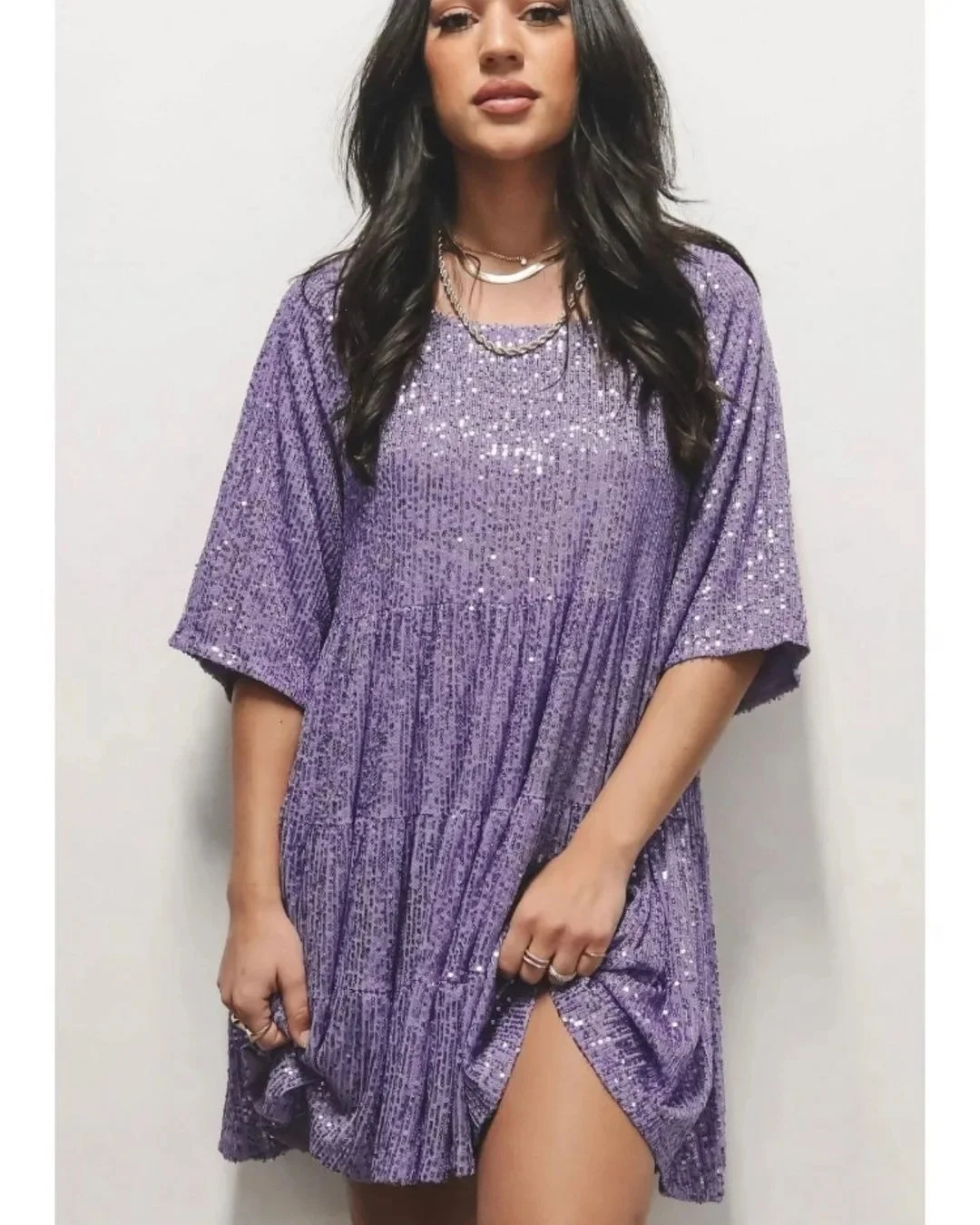 Women's Shining Sexy Sequins Round Neck Loose-Fit Waist Mid-Sleeve Dress