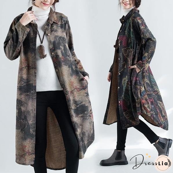 omychic plus size cotton wool vintage for women casual loose autumn winter shirt dress