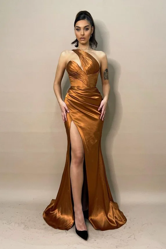Bellasprom One Shoulder Brown Prom Dresses Mermaid Long With Slit