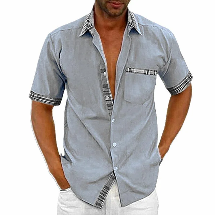 Men's Casual Colorblock Patchwork Lapel Short-sleeved Shirt 89469598M