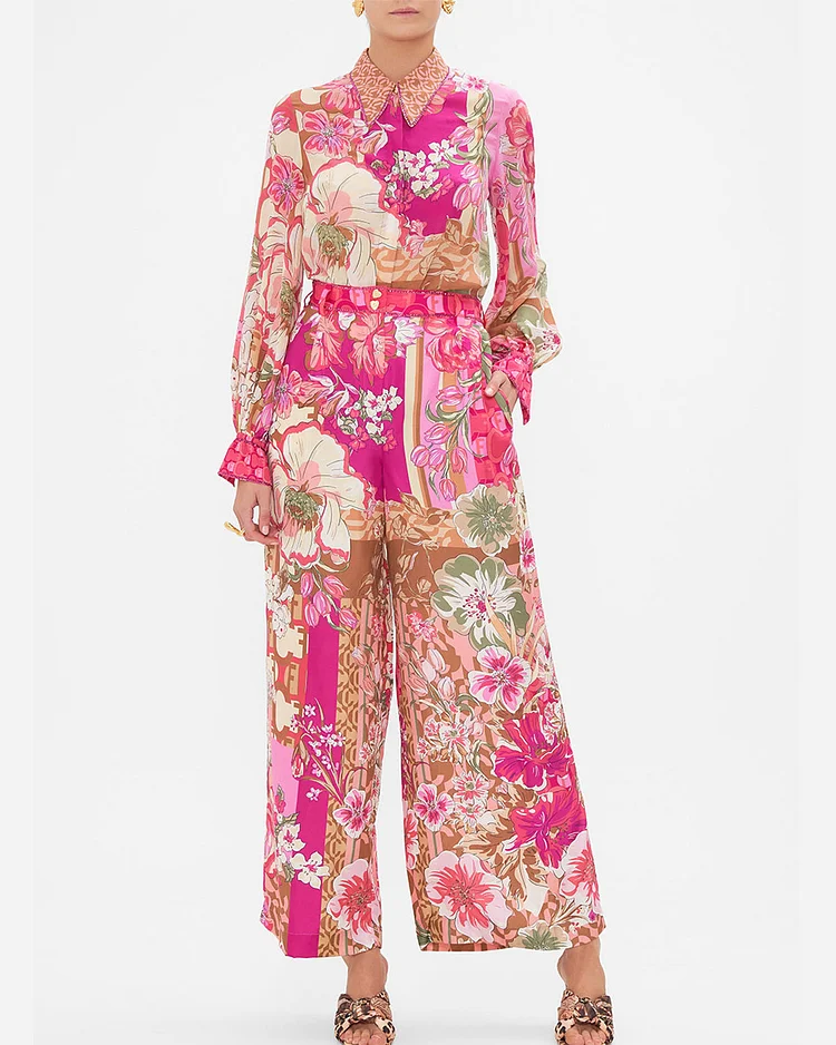 Button-Down Shirt And Pants Floral-Print Two-Piece Set