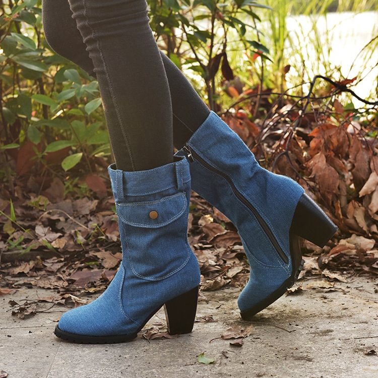 High-heeled denim mid-tube women's boots