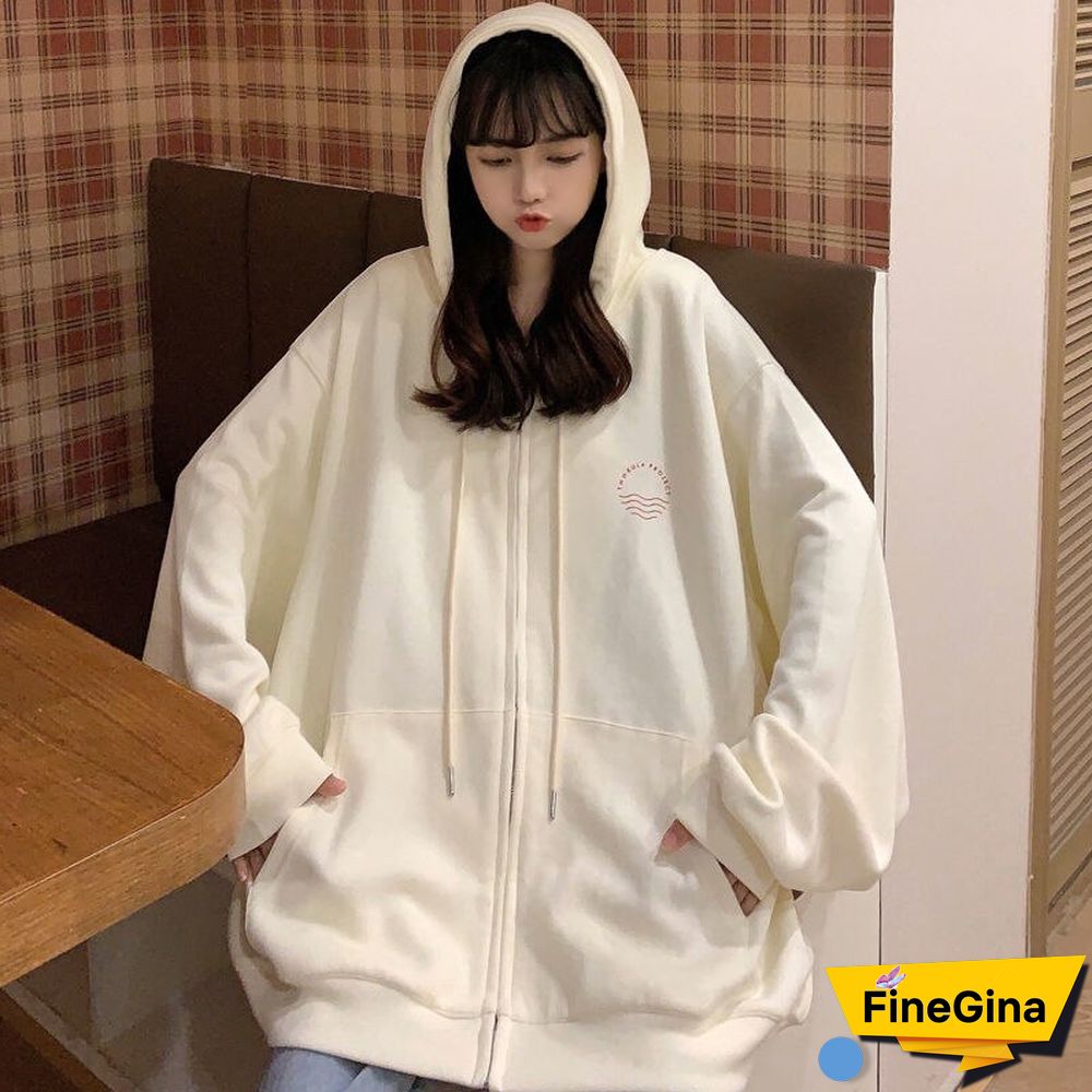 Retro Zip Up Hooded Sweatshirts Womens Fashion Spring Autumn Clothes Loose Hoodies Korean Long Sleeve Casual Oversized Pullover