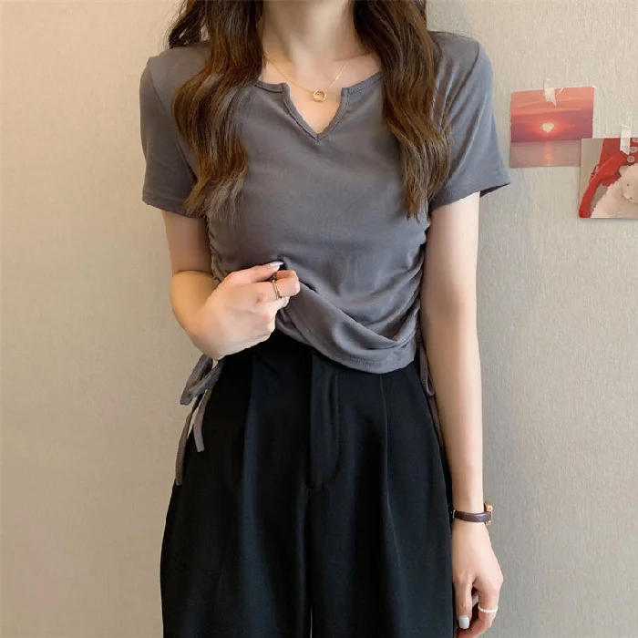 Uveng Uveng Sense V-Neck Draw Rope Slim Pure Desire Wind Short Sleeve T-Shirt Women's Wear 2024 Summer New Solid Color Student Jacket Tide