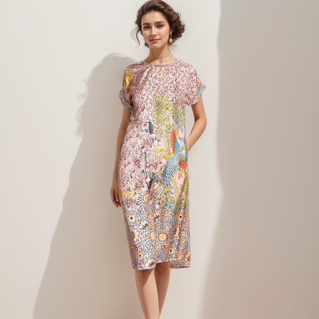 Short Sleeves Silk Floral Dress Fashion REAL SILK LIFE