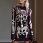 Woman's Round-necked Knitted Sweater Dress With A Skeleton Design Combined With Plant And Flower Patterns For Halloween. - Image 2