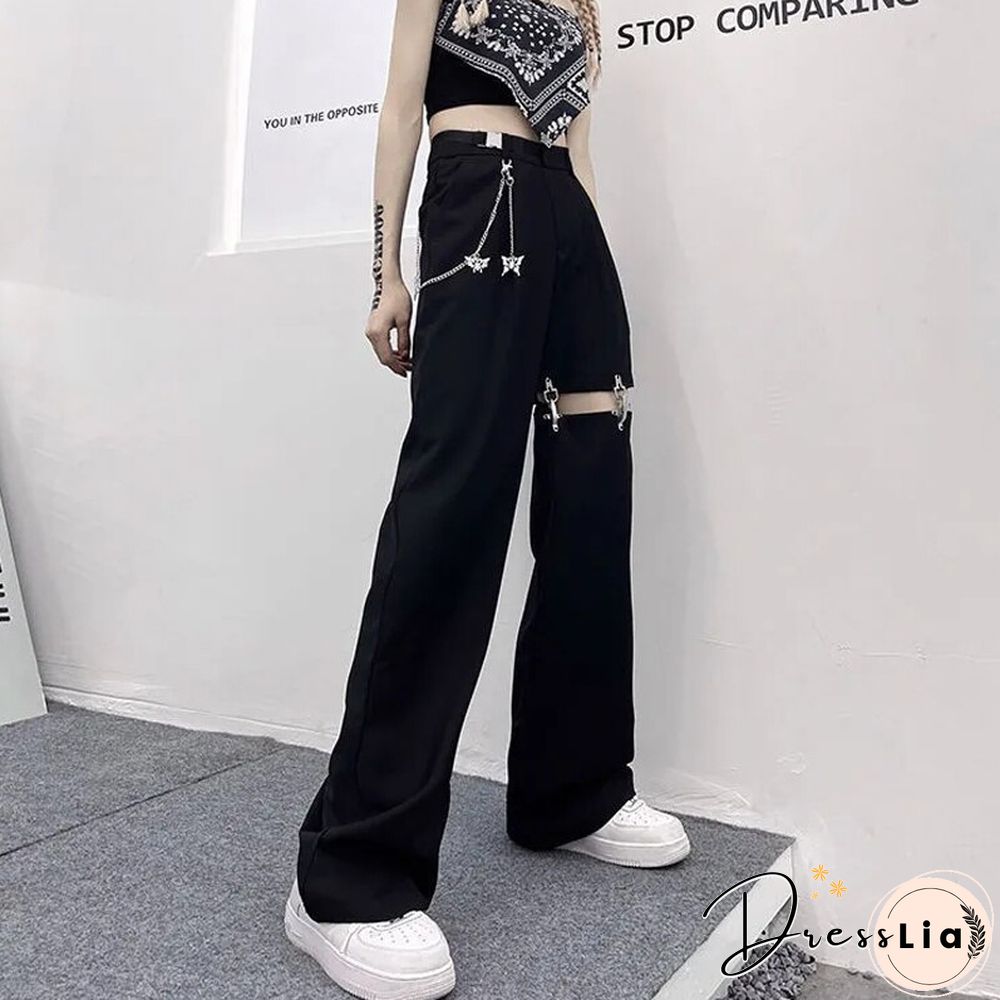 Vintage Harajuku Hollow Out Wide Leg Pants Women High Waist Casual Korean Streetwear Cargo