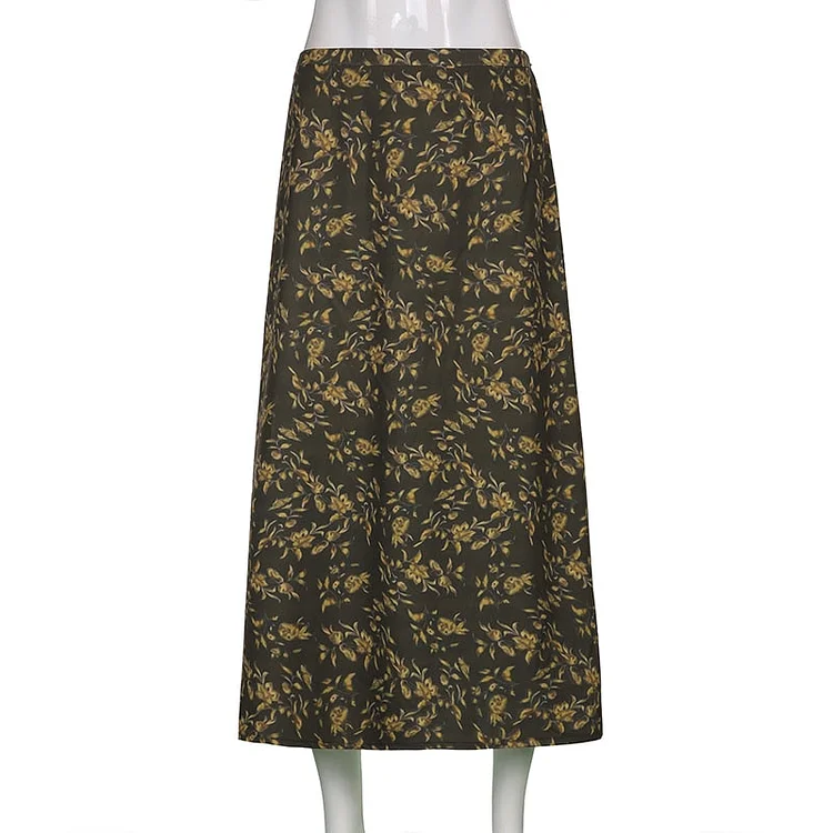 Sweetown Vintage Floral Print Kawaii Y2K Midi Skirts Womens Preppy Style Low Waist Faldas Fairycore Aesthetic Brown Long Skirt