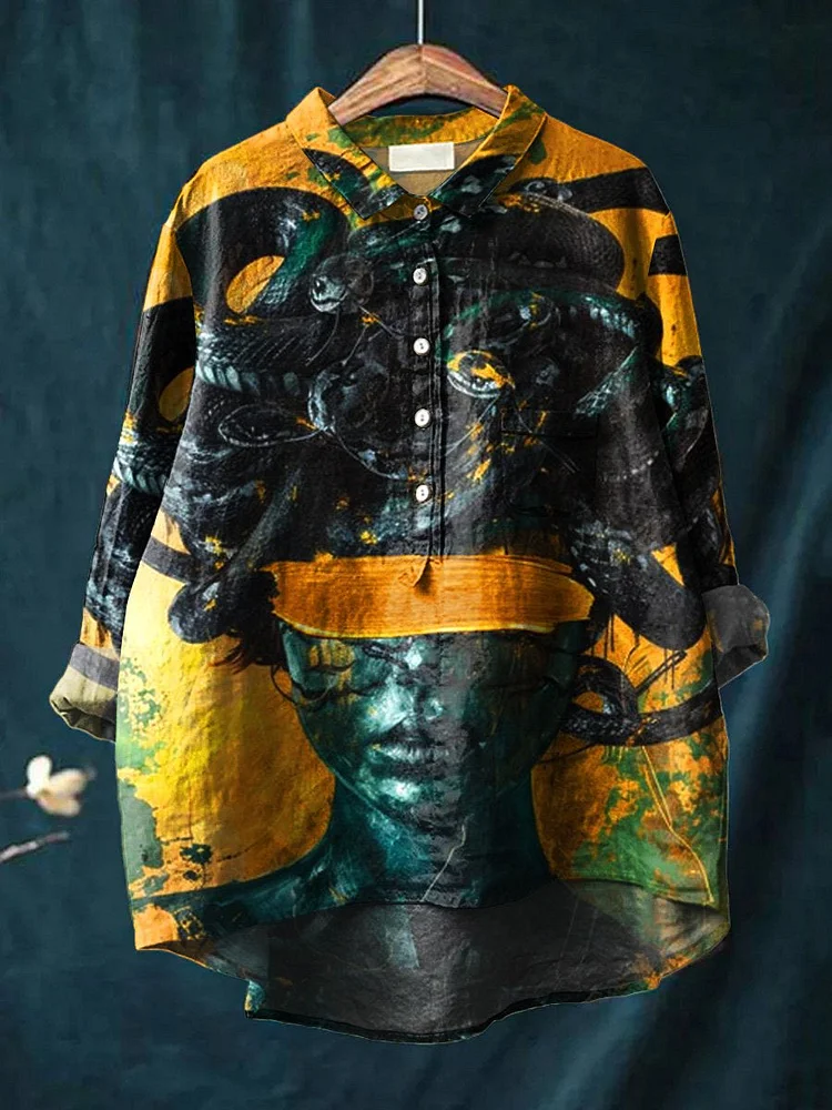 Women's  Medusa Art  Print Casual Cotton And Linen Shirt