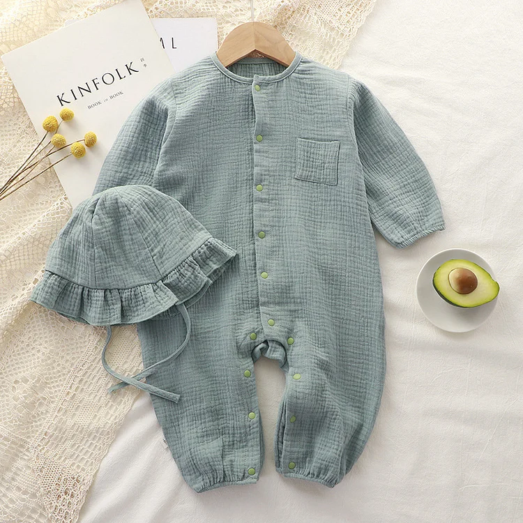 Baby Boy/Girl Solid Color Front Botton Up Long Sleeve Romper with Hat
