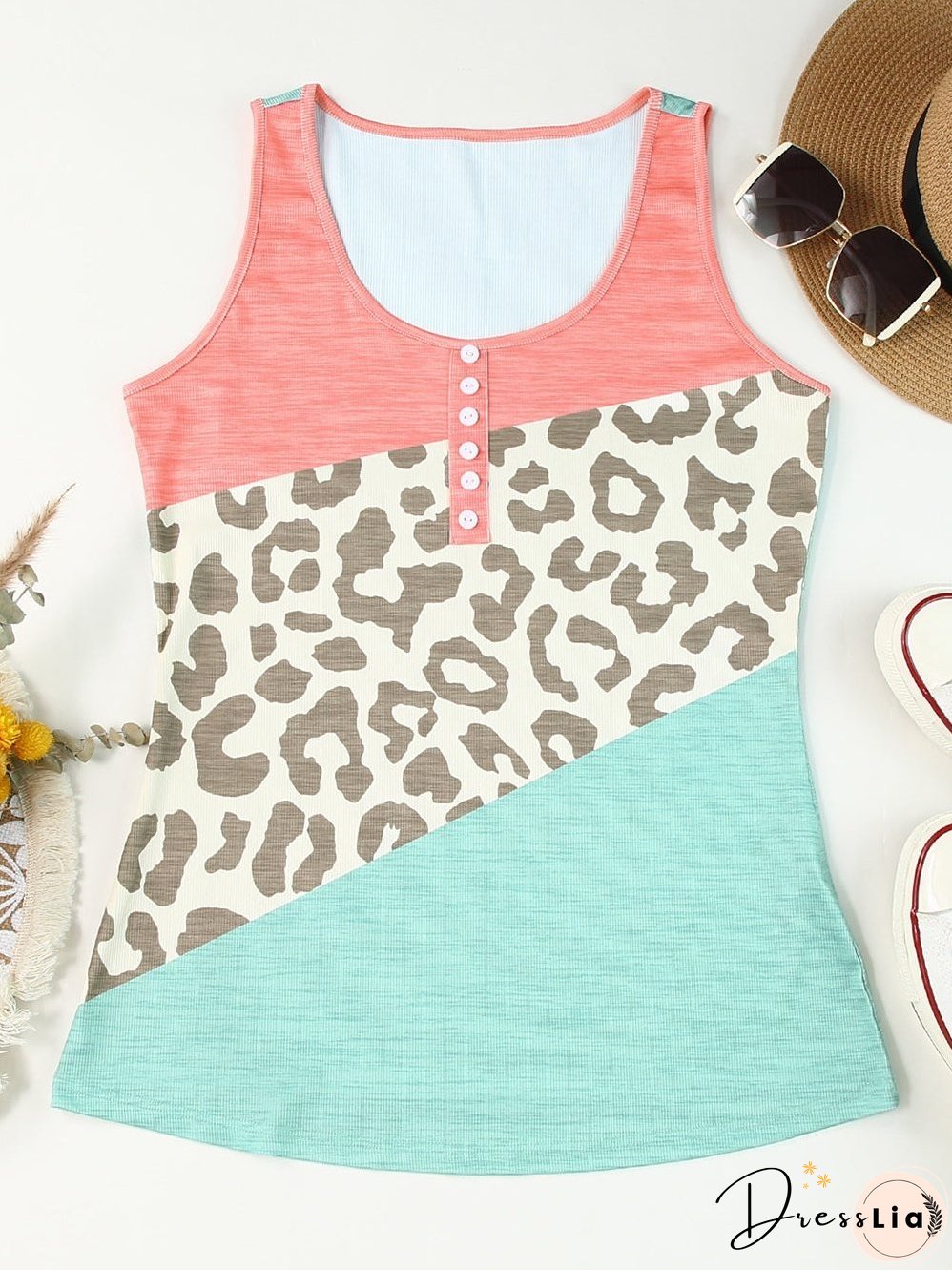 Leopard Print Button Detail Sleeveless Tank Top