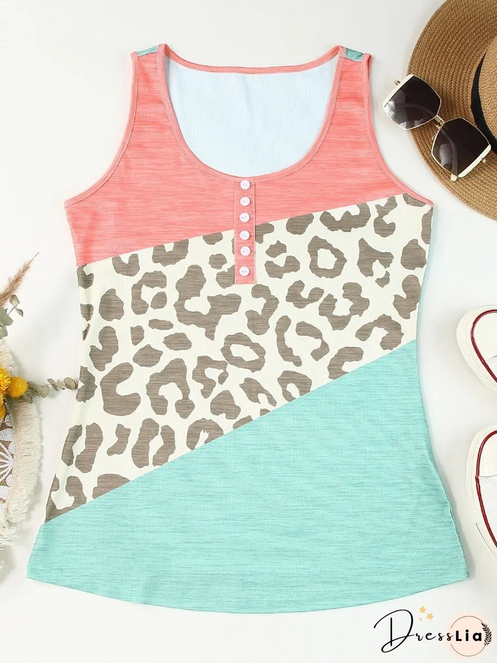 Leopard Print Button Detail Sleeveless Tank Top