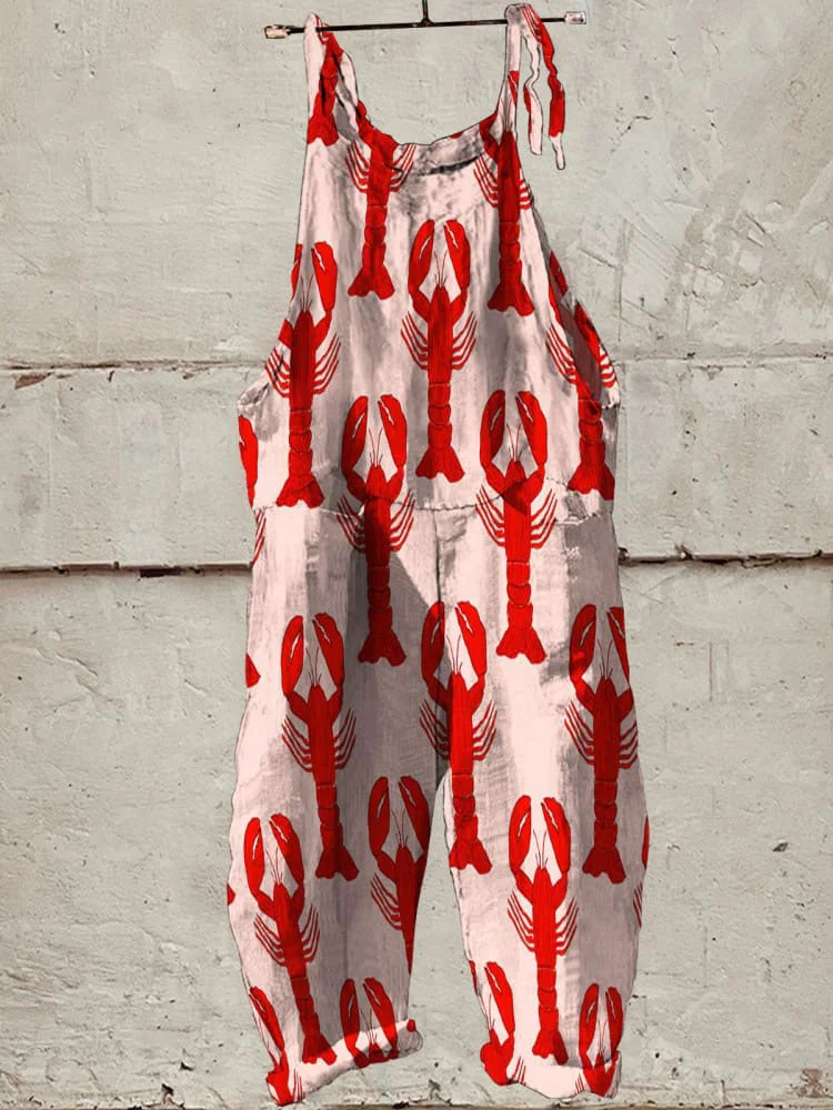 Red Lobster Decorative Pattern Casual 100% Cotton Wide Leg Jumpsuit
