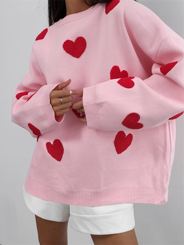 Loose Knitted Love Embroidery Round Neck Shirt