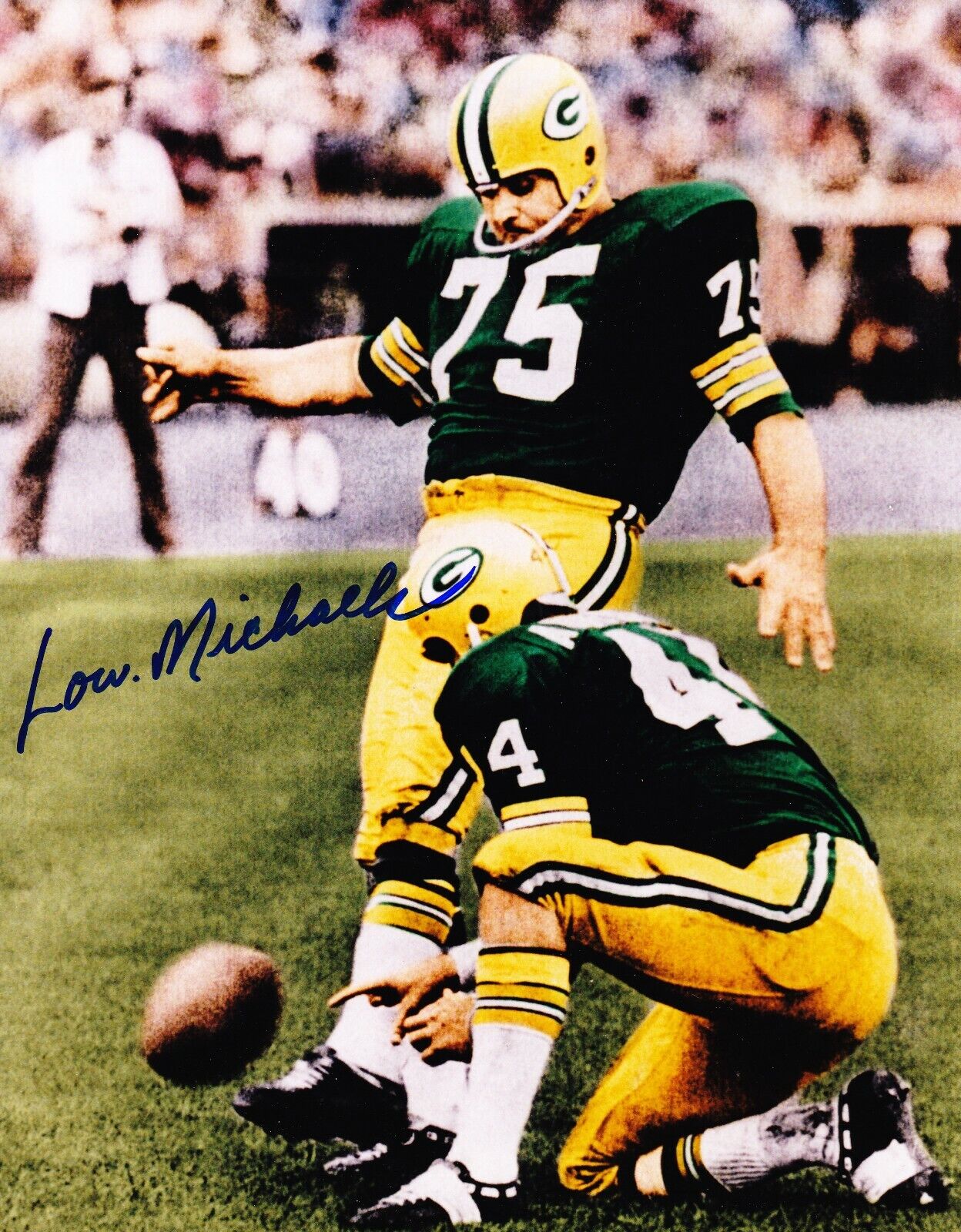 Lou Michaels (DEC) signed 8x10 Green Bay Packers color action Photo Poster painting