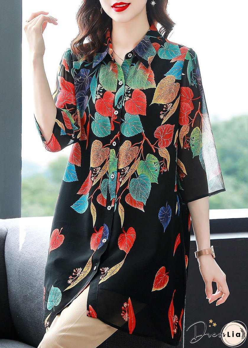 Style Black Button Print Patchwork Chiffon Shirt Tops Summer