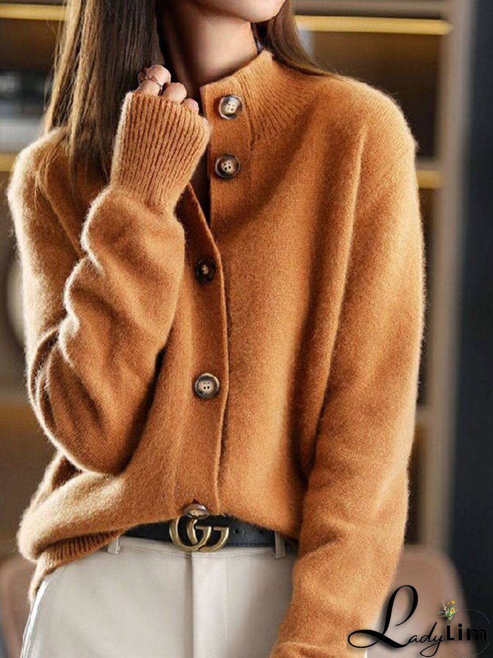 Women's Soft Casual Button Front Standing Collar Knit Sweater Coat