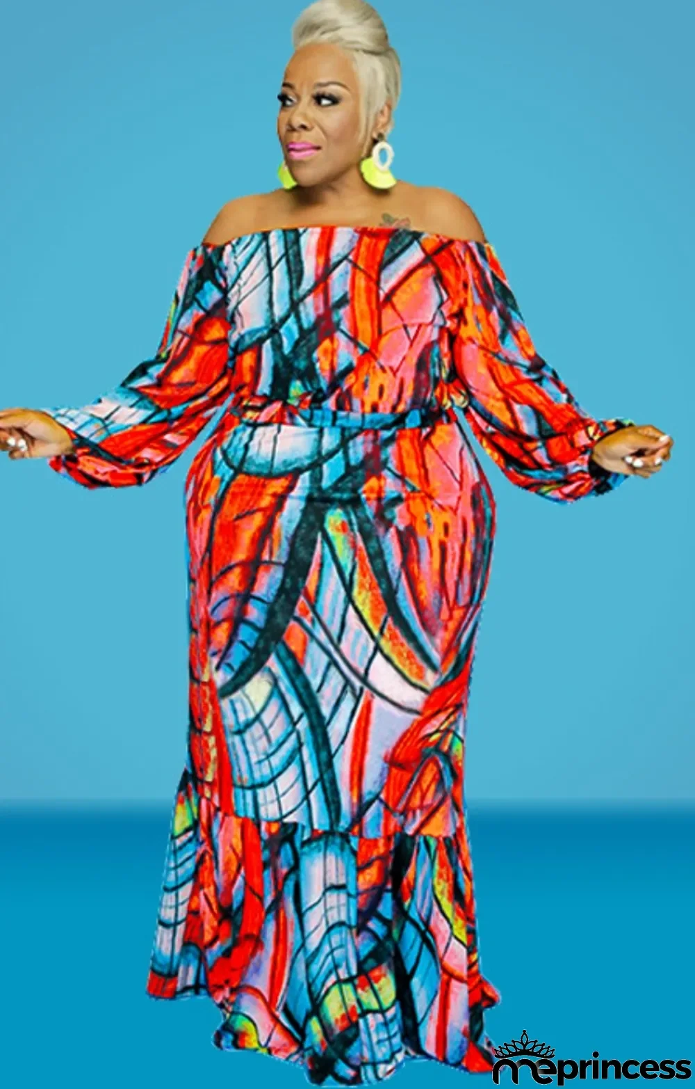 Autumn Plus Size Printed Red Off Shoulder Puff Sleeve Long two piece skirt set
