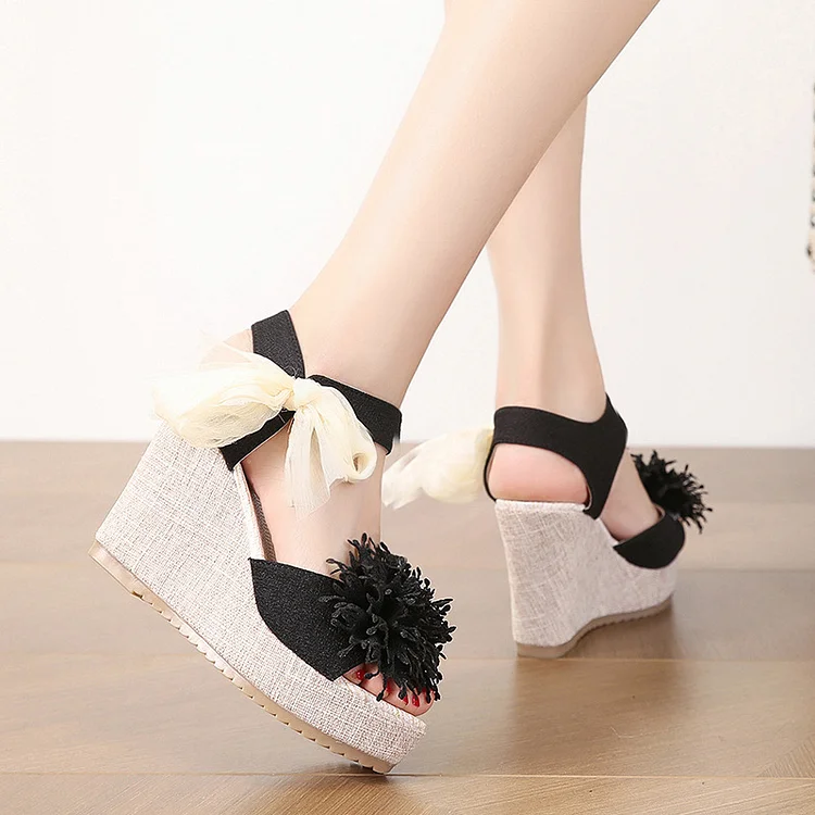 Flower Pattern Bow Sloping Heel Open Toe Women's Sandals  Stunahome.com